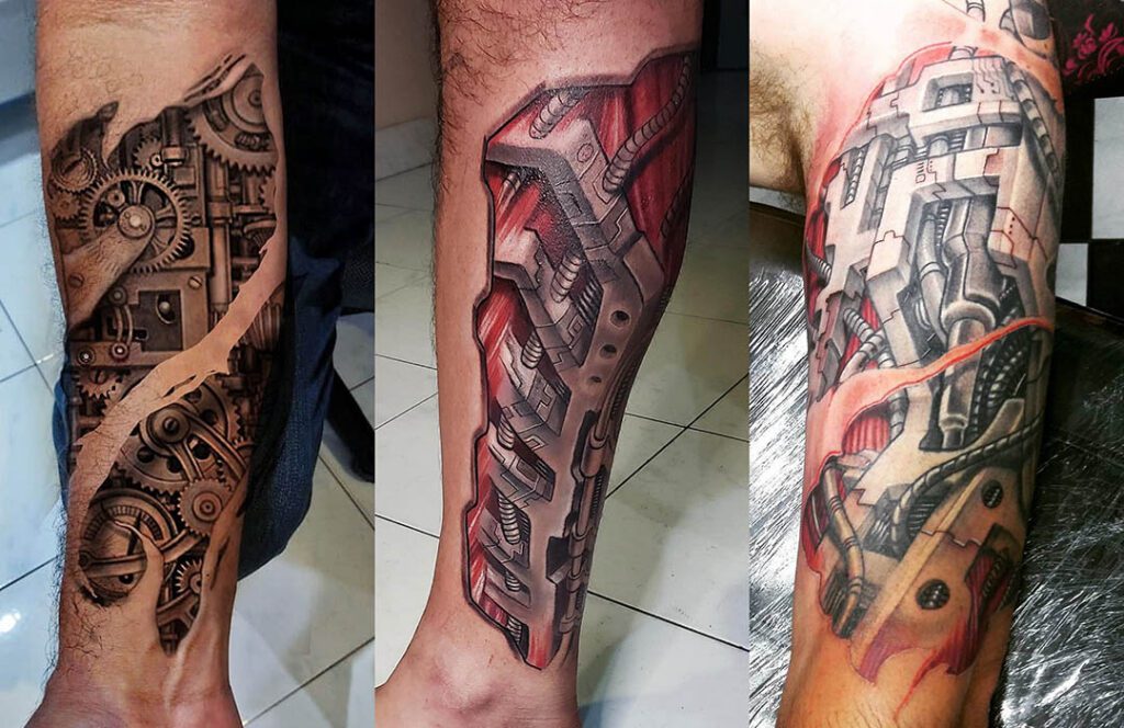 Tatuagem Biomecânica na Perna por Rogério Plaça