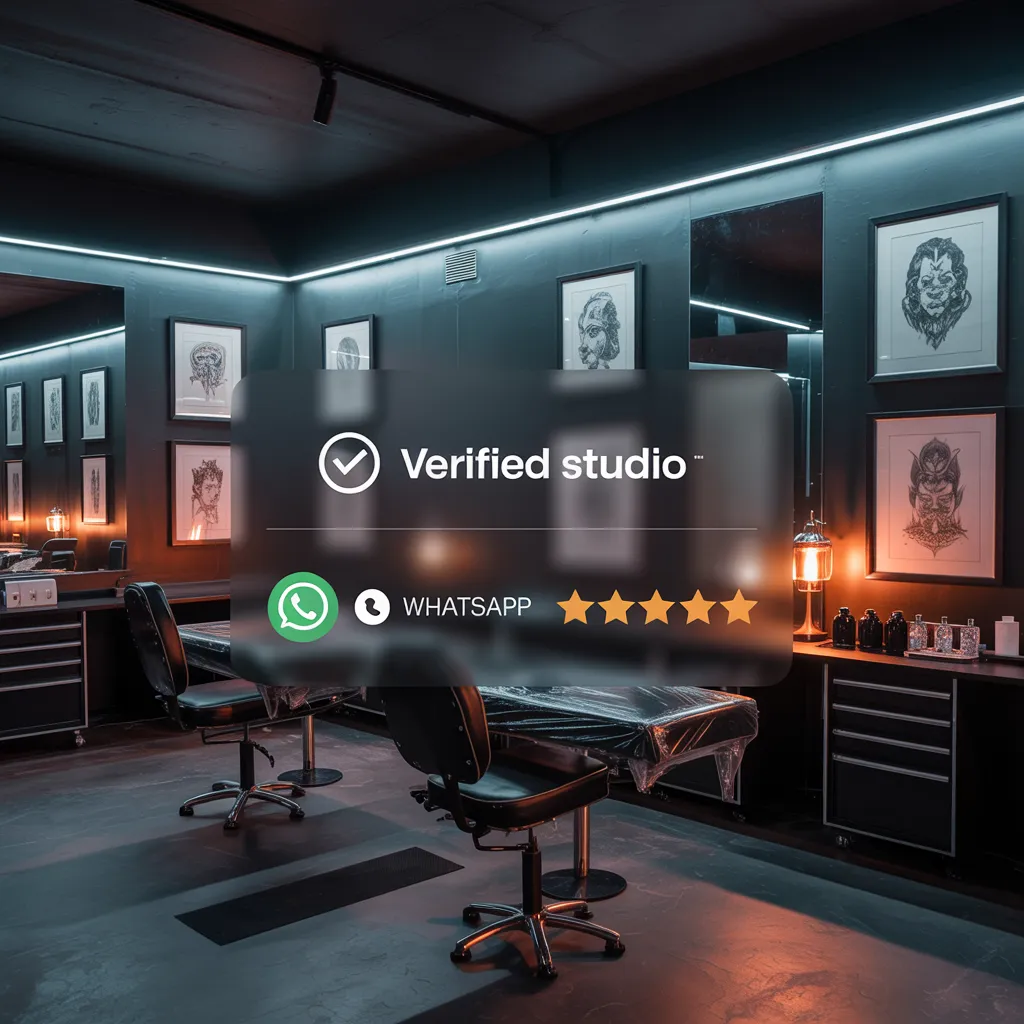 Estúdio de tatuagem profissional com painel digital mostrando perfil verificado no Tattoo.com.br